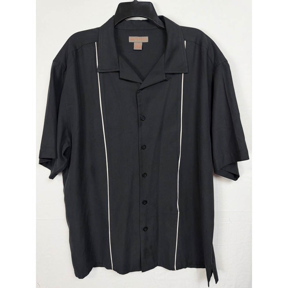Sette Ponti‎ Shirt Mens XL Black Silk Cotton Blend White Piping Short Slv